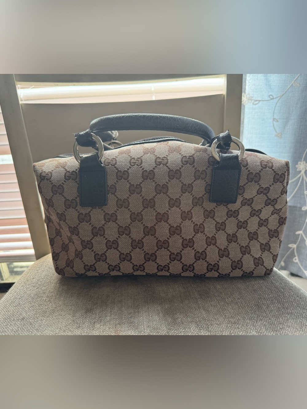 Gucci Beige Brown GG Canvas Satchel with Dark Leather Trim